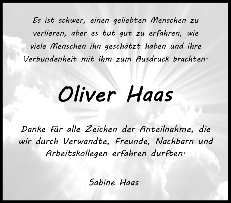  Traueranzeige für Oliver Haas vom 16.06.2014 aus Marbacher Zeitung