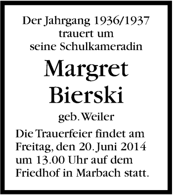 Traueranzeige von Margret Bierski von Marbacher Zeitung