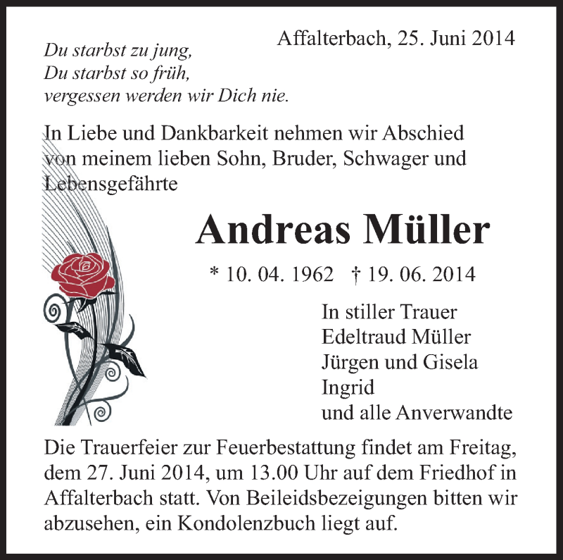  Traueranzeige für Andreas Müller vom 25.06.2014 aus Marbacher Zeitung