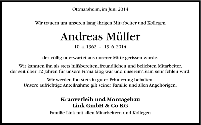  Traueranzeige für Andreas Müller vom 26.06.2014 aus Marbacher Zeitung