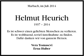 Traueranzeige von Helmut Heurich von Marbacher Zeitung