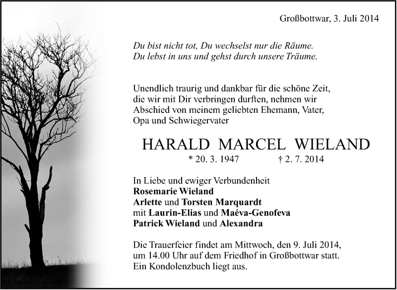  Traueranzeige für Harald Marcel Wieland vom 05.07.2014 aus Marbacher Zeitung