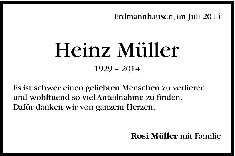  Traueranzeige für Heinz Müller vom 12.07.2014 aus Marbacher Zeitung