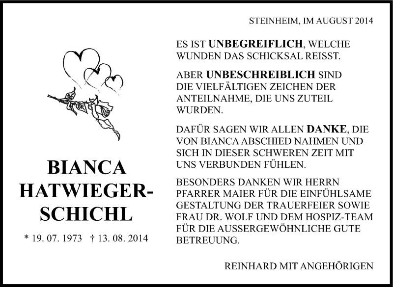  Traueranzeige für Bianca Hatwieger-Schichl vom 28.08.2014 aus Marbacher Zeitung