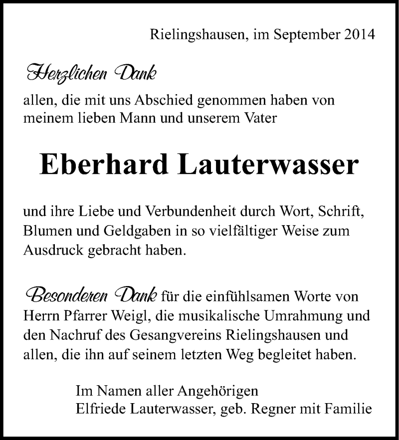  Traueranzeige für  Eberhard  Lauterwasser vom 19.09.2014 aus Marbacher Zeitung