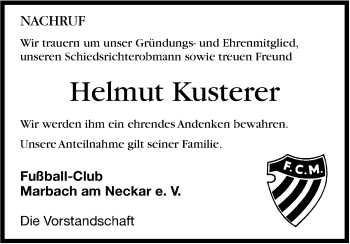 Traueranzeige von Helmut Kusterer von Marbacher Zeitung