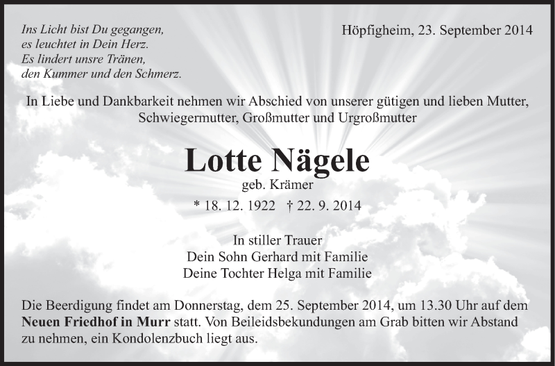  Traueranzeige für Liselotte Nägele vom 23.09.2014 aus Marbacher Zeitung