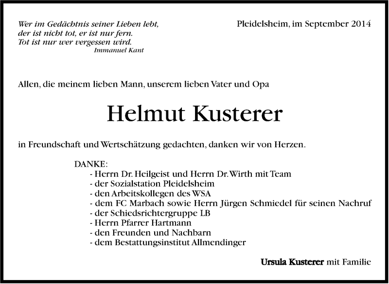  Traueranzeige für Helmut Kusterer vom 01.10.2014 aus Marbacher Zeitung