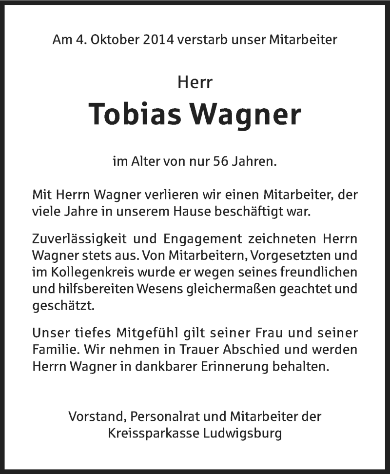  Traueranzeige für Tobias Wagner vom 09.10.2014 aus Marbacher Zeitung