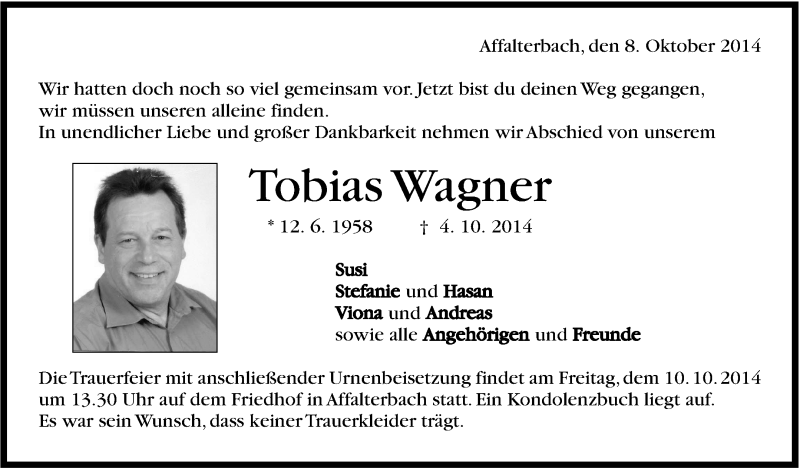  Traueranzeige für Tobias Wagner vom 08.10.2014 aus Marbacher Zeitung