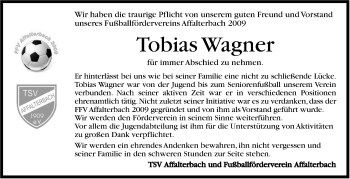 Traueranzeige von Tobias Wagner von Marbacher Zeitung