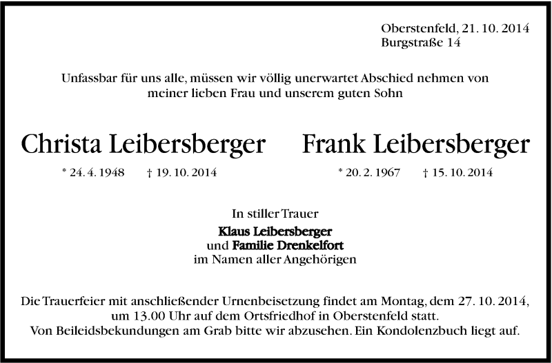  Traueranzeige für Christa und Frank Leibersberger vom 24.10.2014 aus Marbacher Zeitung
