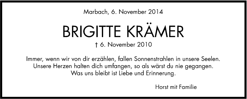  Traueranzeige für Brigitte Krämer vom 06.11.2014 aus Marbacher Zeitung