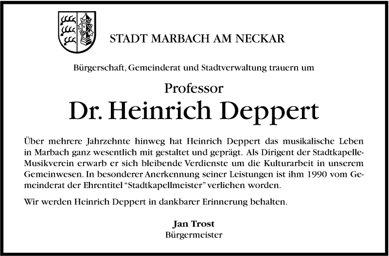  Traueranzeige für Heinrich Deppert vom 22.11.2014 aus Marbacher Zeitung