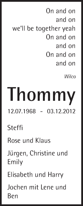 Traueranzeige von Thommy  von Marbacher Zeitung