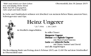 Traueranzeige von Heinz Unger von Marbacher Zeitung