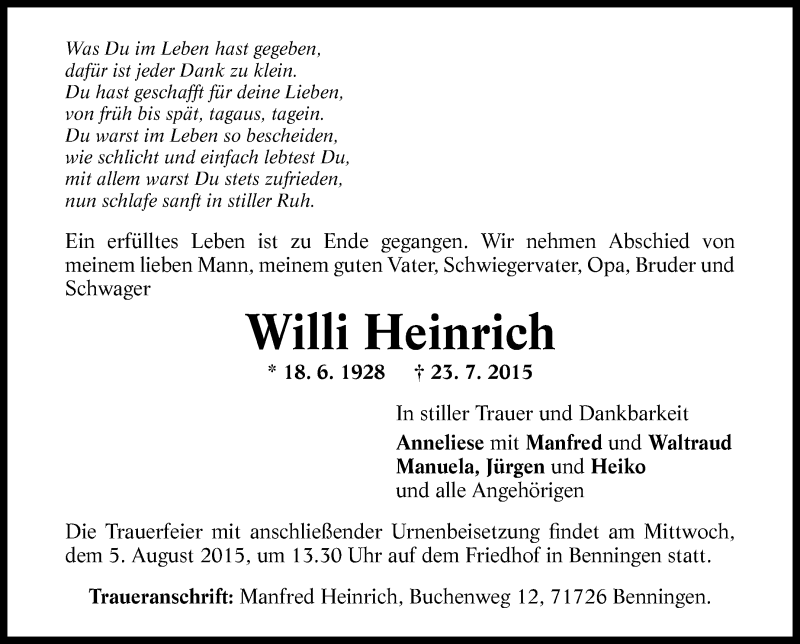  Traueranzeige für Willi Heinrich vom 01.08.2015 aus Marbacher Zeitung