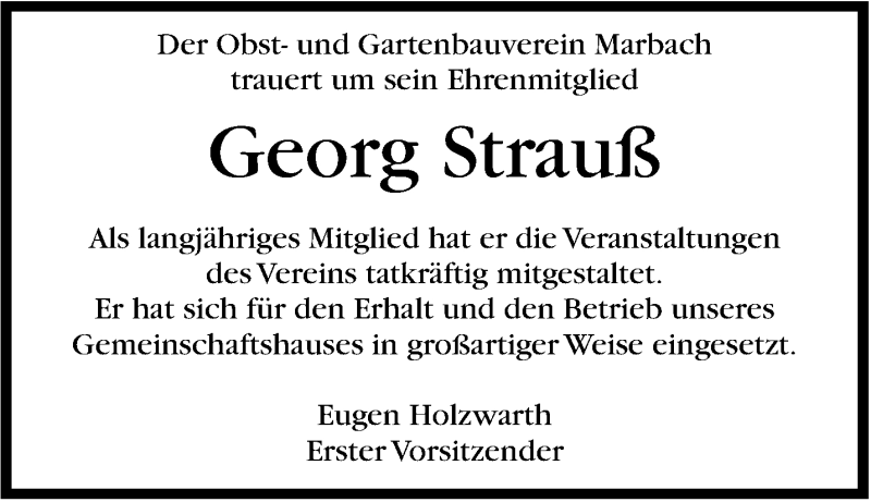  Traueranzeige für Georg Strauß vom 10.02.2015 aus Marbacher Zeitung