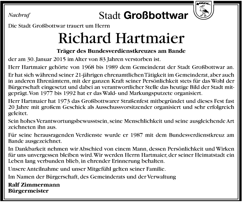  Traueranzeige für Richard Hartmeier vom 04.02.2015 aus Marbacher Zeitung