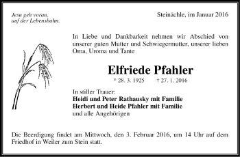 Traueranzeige von Elfriede Pfahler von Marbacher Zeitung