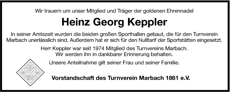  Traueranzeige für Heinz Georg Keppler vom 09.04.2015 aus Marbacher Zeitung