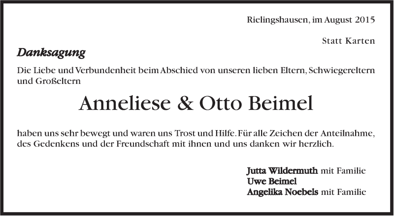  Traueranzeige für Anneliese und Otto Beimel vom 31.08.2015 aus Marbacher Zeitung