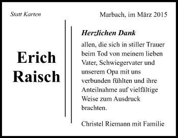 Traueranzeige von Erich Raisch von Marbacher Zeitung