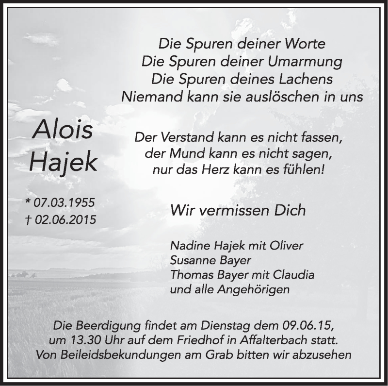  Traueranzeige für Alois Hajek vom 06.06.2015 aus Marbacher Zeitung