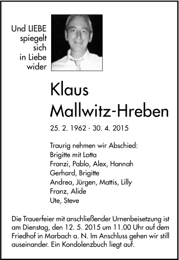 Traueranzeige von Klaus Mallwitz-Hreben von Marbacher Zeitung