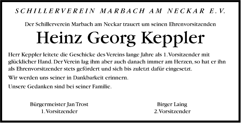  Traueranzeige für Heinz Georg Keppler vom 04.04.2015 aus Marbacher Zeitung