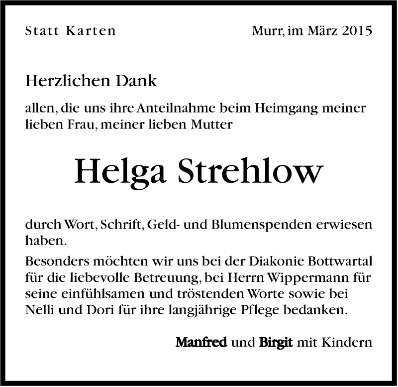  Traueranzeige für Helga Strehlow vom 06.03.2015 aus Marbacher Zeitung