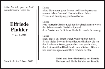 Traueranzeige von Elfriede Pfahler von Marbacher Zeitung