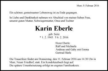 Traueranzeige von Karin Eberle von Marbacher Zeitung