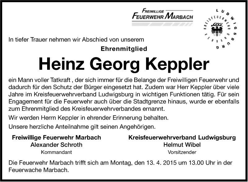  Traueranzeige für Heinz Georg Keppler vom 04.04.2015 aus Marbacher Zeitung