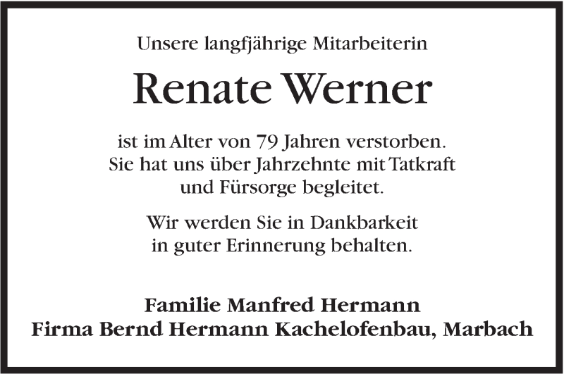  Traueranzeige für Renate Werner vom 23.07.2015 aus Marbacher Zeitung