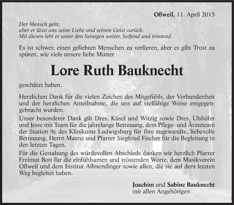  Traueranzeige für Lore Ruth Bauknecht vom 11.04.2015 aus Marbacher Zeitung