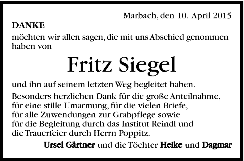  Traueranzeige für Fritz Siegel vom 10.04.2015 aus Marbacher Zeitung