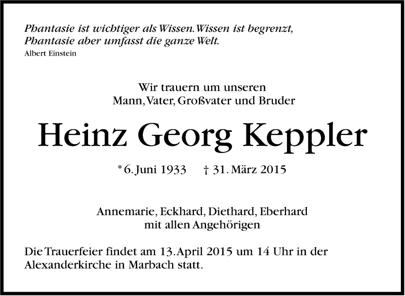  Traueranzeige für Heinz Georg Keppler vom 04.04.2015 aus Marbacher Zeitung