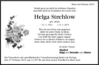 Traueranzeige von erHelga Strehlow von Marbacher Zeitung