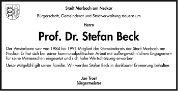 Traueranzeige von Stefan Beck von Marbacher Zeitung