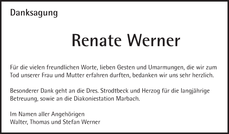  Traueranzeige für Renate Werner vom 15.08.2015 aus Marbacher Zeitung
