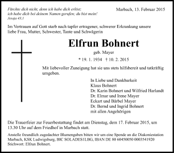 Traueranzeige von Elfrun Bohnert von Marbacher Zeitung