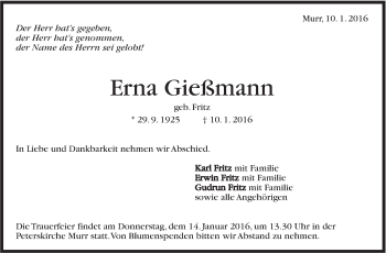 Traueranzeige von Erna Gießmann von Marbacher Zeitung