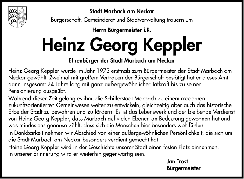  Traueranzeige für Heinz Georg Keppler vom 04.04.2015 aus Marbacher Zeitung