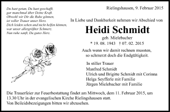 Traueranzeige von Heidi Schmidt von Marbacher Zeitung
