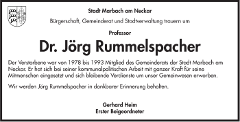 Traueranzeige von Jörg Rummelspacher von Marbacher Zeitung