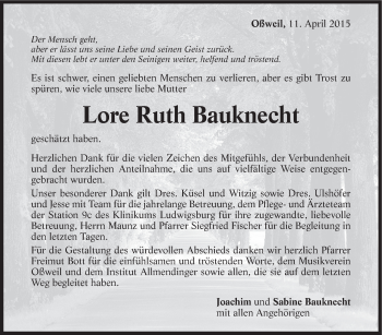 Traueranzeige von Lore Ruth Bauknecht von Marbacher Zeitung