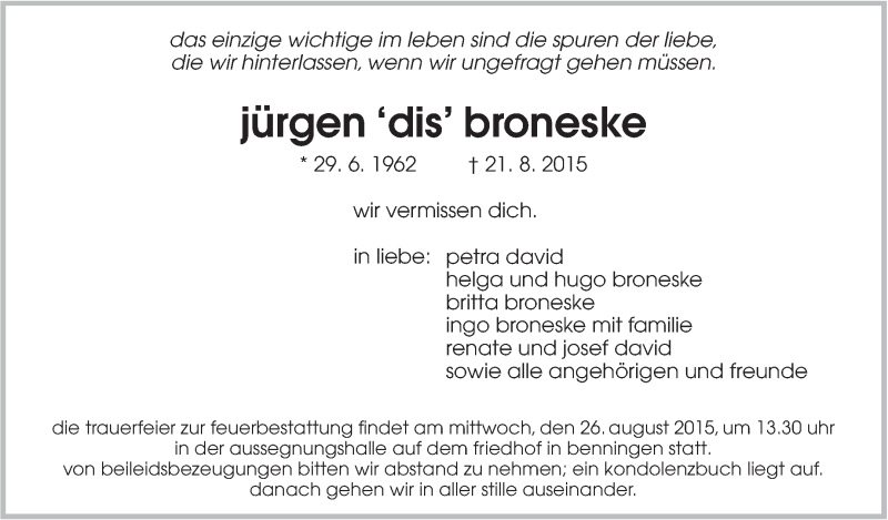  Traueranzeige für Jürgen Broneske vom 24.08.2015 aus Marbacher Zeitung