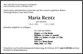 Traueranzeige von Maria Rentz von Marbacher Zeitung