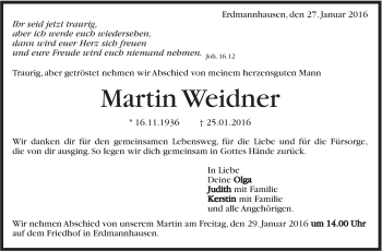 Traueranzeige von Martin Weidner von Marbacher Zeitung